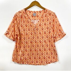 Chico’s Orange Ikat Print V-Neck Button Top | Size 2 (US L)
